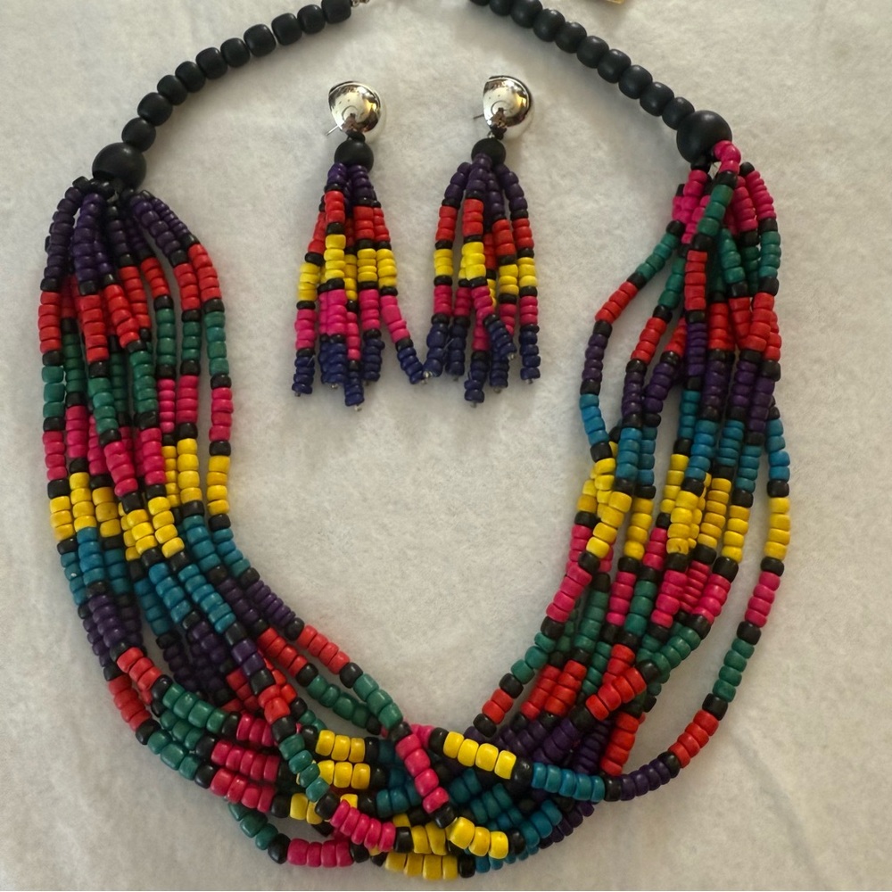 Vintage Multicolor Beaded Statement Necklace and Earring Set